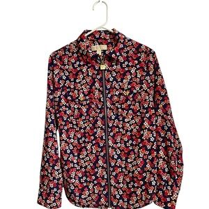 Michael Kors Navy Floral Zip Shirt with Red, Orange & White Blooms
